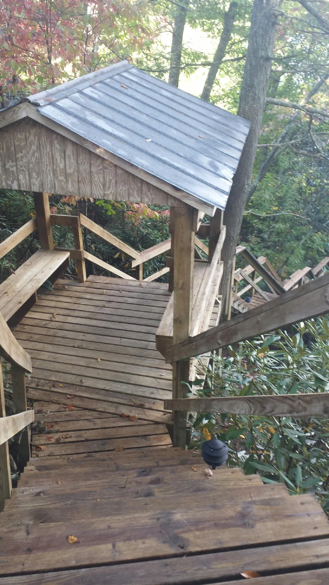 Metal roofed shelter over wooden steps on a wooded walkway — Skylight Repair & Installation work by our crew in Boaz